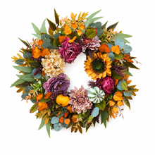 Bohemian Floral Harvest Wreath with magenta peonies, lavender roses, blush dahlias, golden sunflower, mini pumpkins and teal eucalyptus foliage