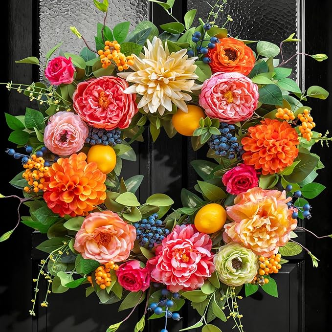 Spring Wreaths for Front Door 24 Inch Artificial Rose Wreath with Rose & Eucalyptus Leaf Orange Berry Accents,Summer Wreath for Home Wall Porch Window Easter Year-Round Indoor/Outdoor Decor