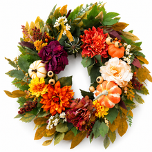 Dahlia and Pumpkin Harvest Wreath with red and orange dahlias, burgundy peony, cream rose, striped and white pumpkins, wooden beads, red berries and autumn foliage