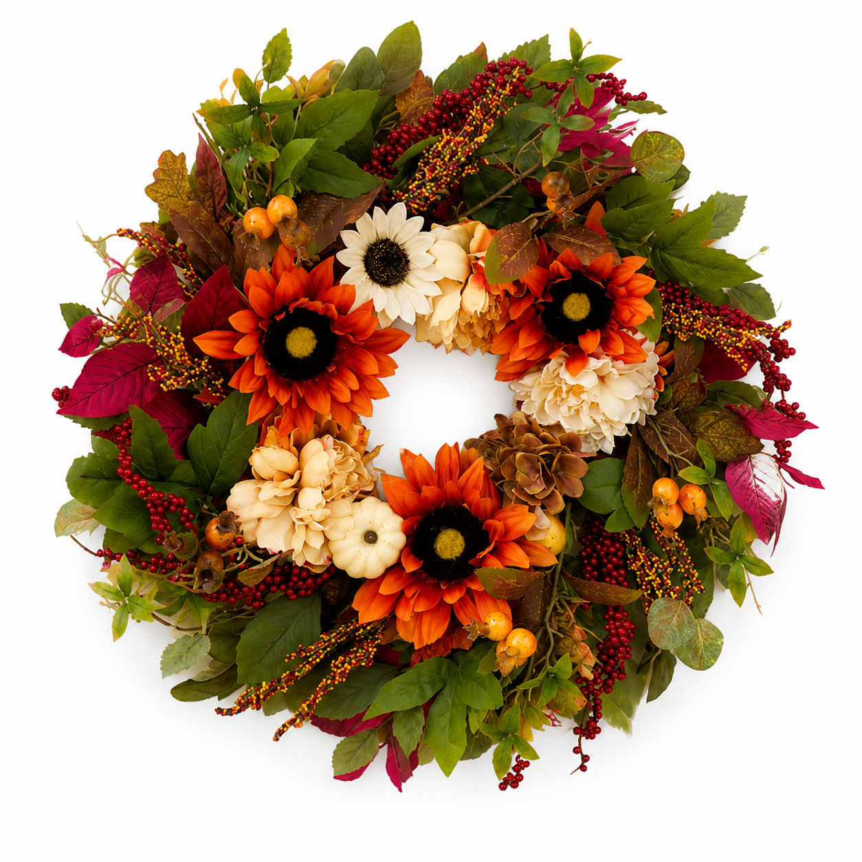 Autumn Berry and Sunflower Wreath with orange sunflowers, red berry clusters, ivory hydrangeas, mini white pumpkin and colorful fall foliage