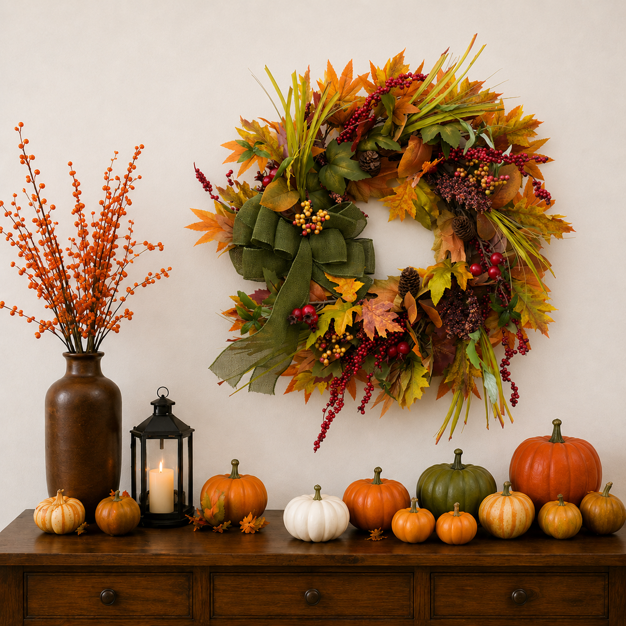 Maple Leaf & Berry Wreath with Green Bow