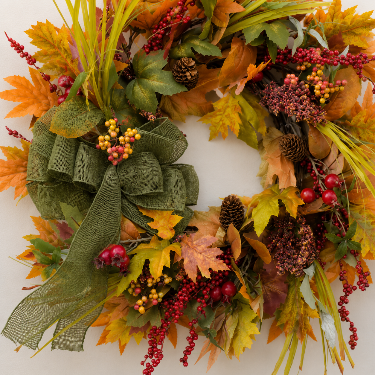 Maple Leaf & Berry Wreath with Green Bow