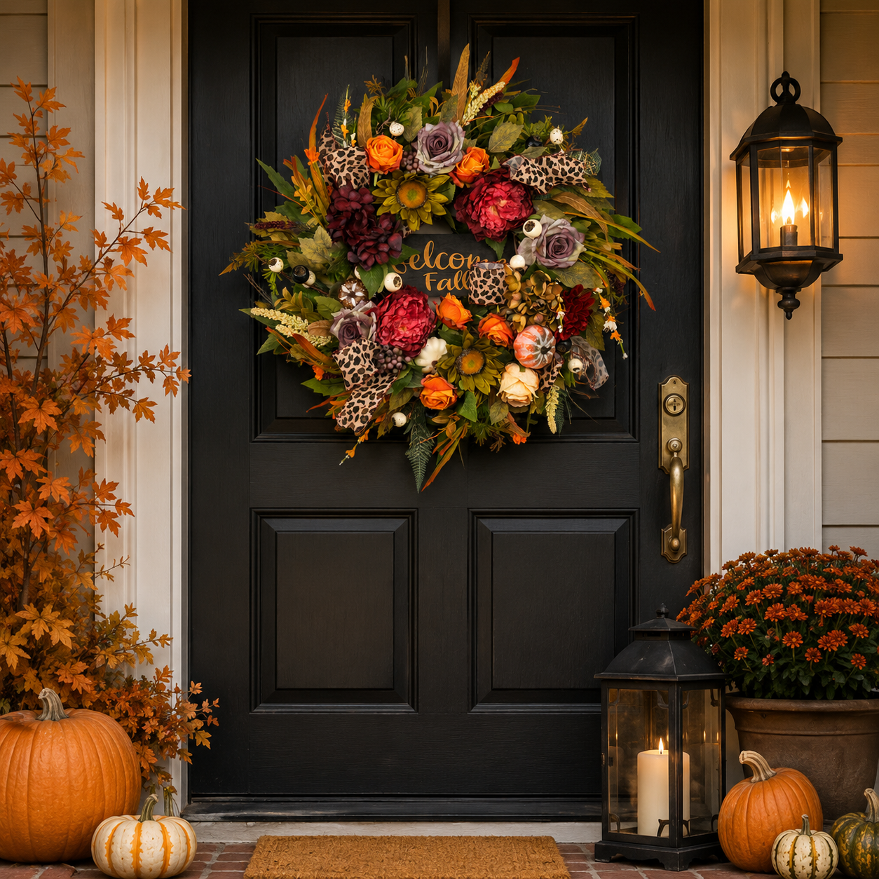 24 Inch Fall Wreath for Front Door - Welcome Fall Leopard Print Accent