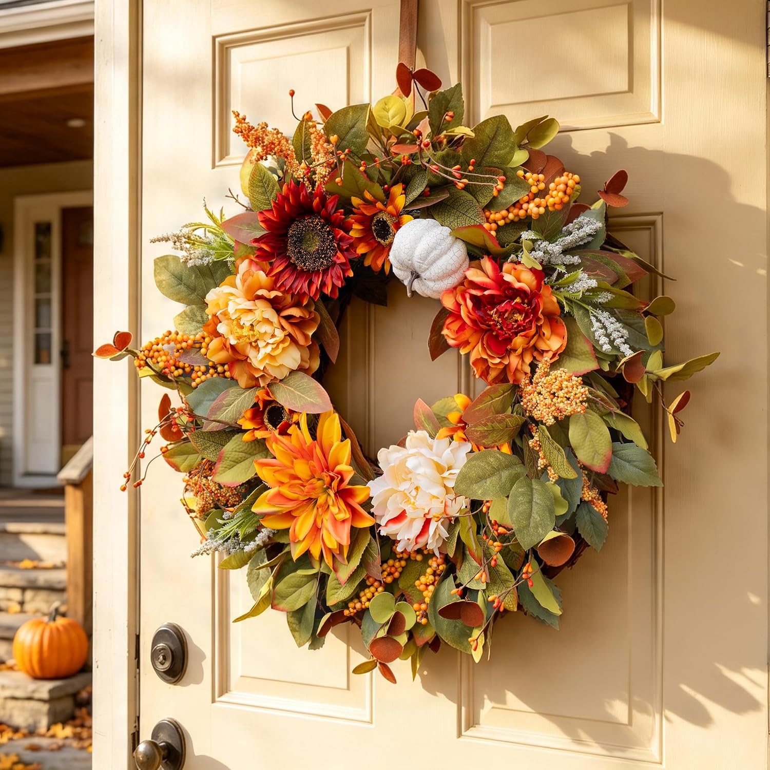 24 Inch Fall Wreaths for Front Door Outside Autumn Wreath with Peony