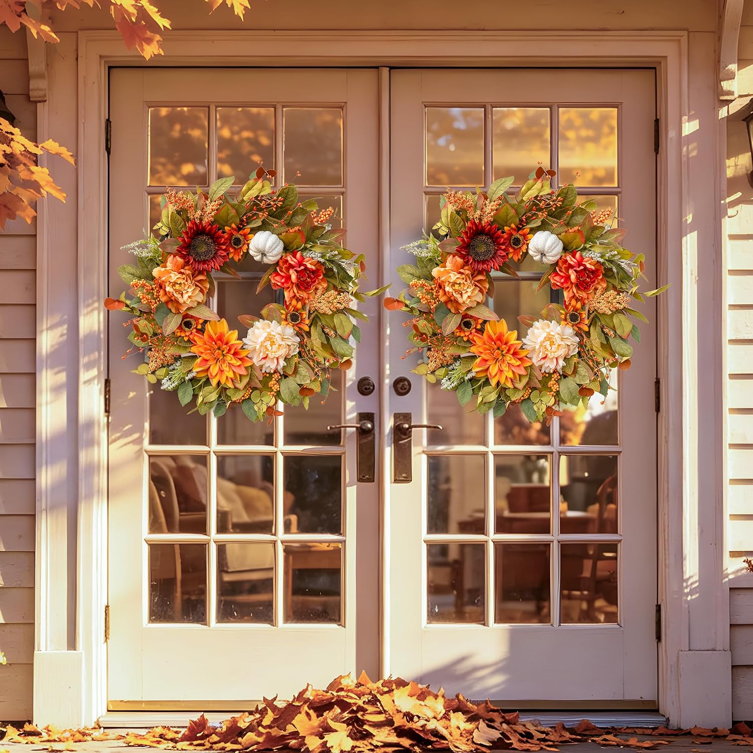24 Inch Fall Wreaths for Front Door Outside Autumn Wreath with Peony