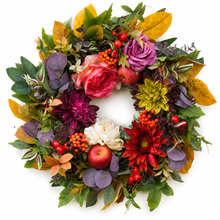 Garden Rose and Dahlia Autumn Wreath with pink and purple roses, burgundy and red dahlias, white peony, red apples, orange berries and purple eucalyptus foliage