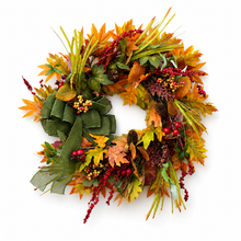 Maple Leaf and Berry Wreath with green burlap bow, orange and yellow maple leaves, red berry clusters and pinecones