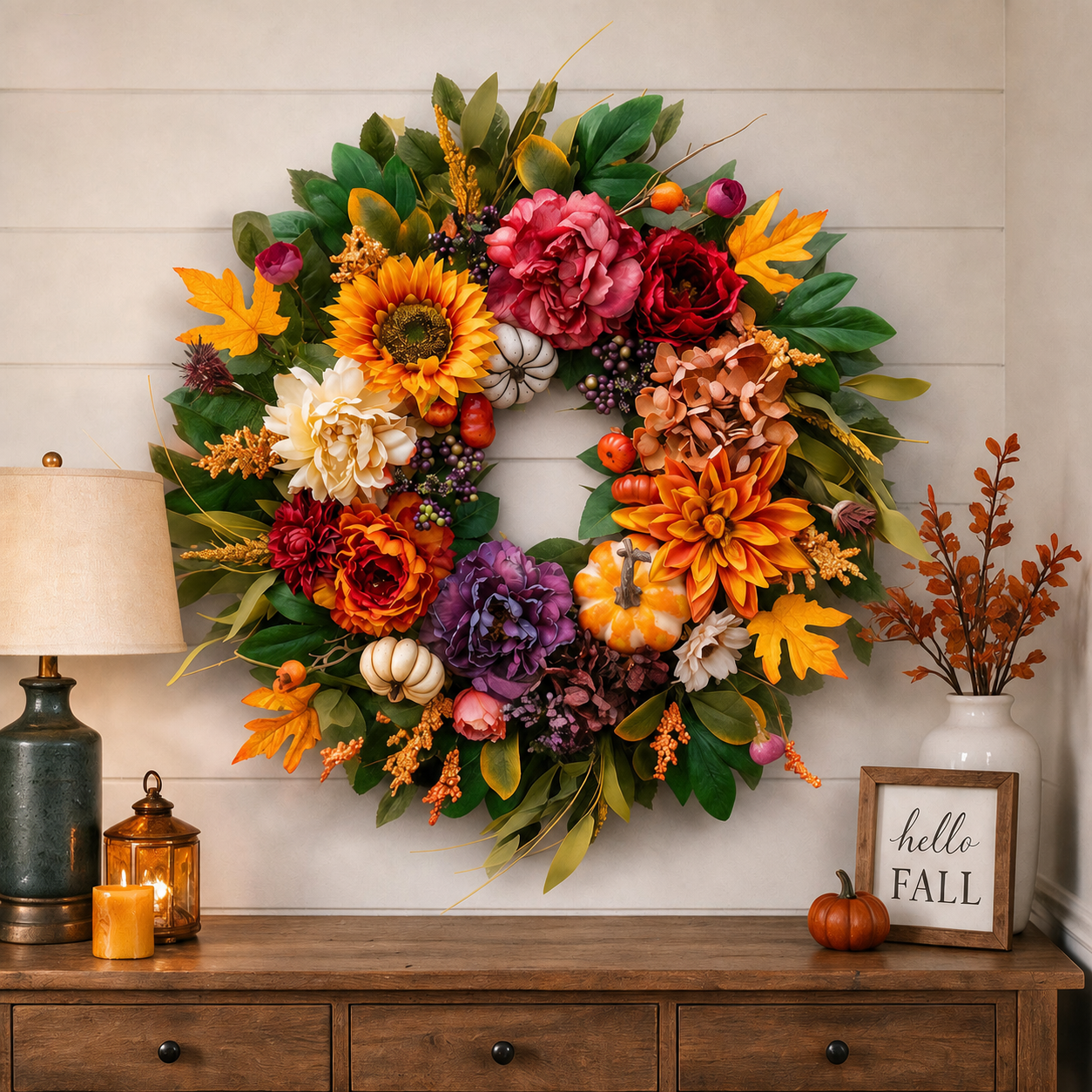 24 Inch Fall Wreath for Front Door - Warm Welcome Floral Wreath