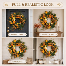24 Inch Fall Wreath for Front Door - Classic Autumn Sunflowers & Pumpkins