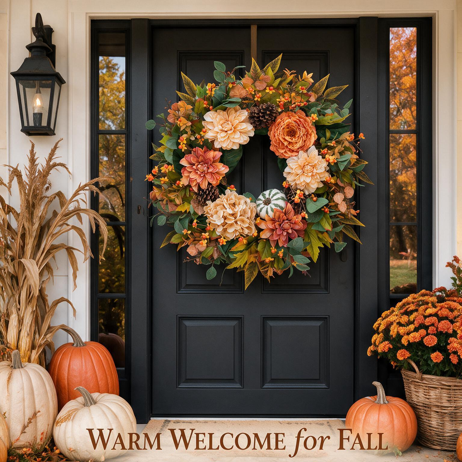 24 Inch Fall Wreath for Front Door - Warm Welcome for Fall