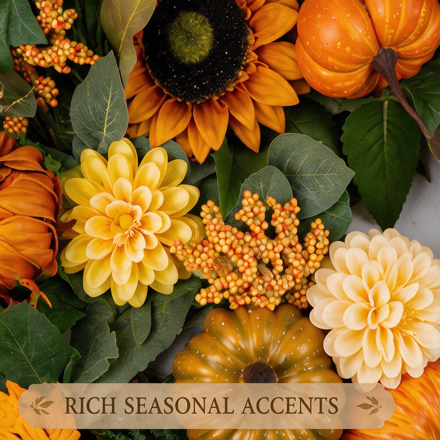 24 Inch Fall Wreath for Front Door - Classic Autumn Sunflowers & Pumpkins