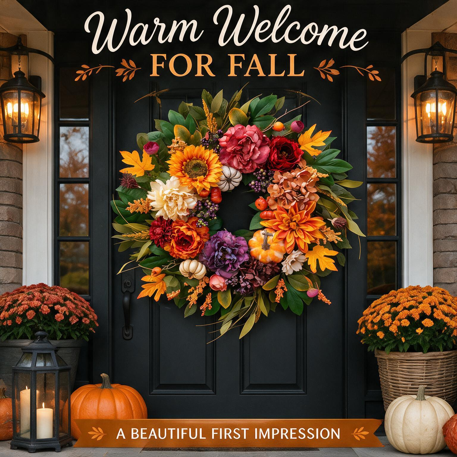 24 Inch Fall Wreath for Front Door - Warm Welcome Floral Wreath