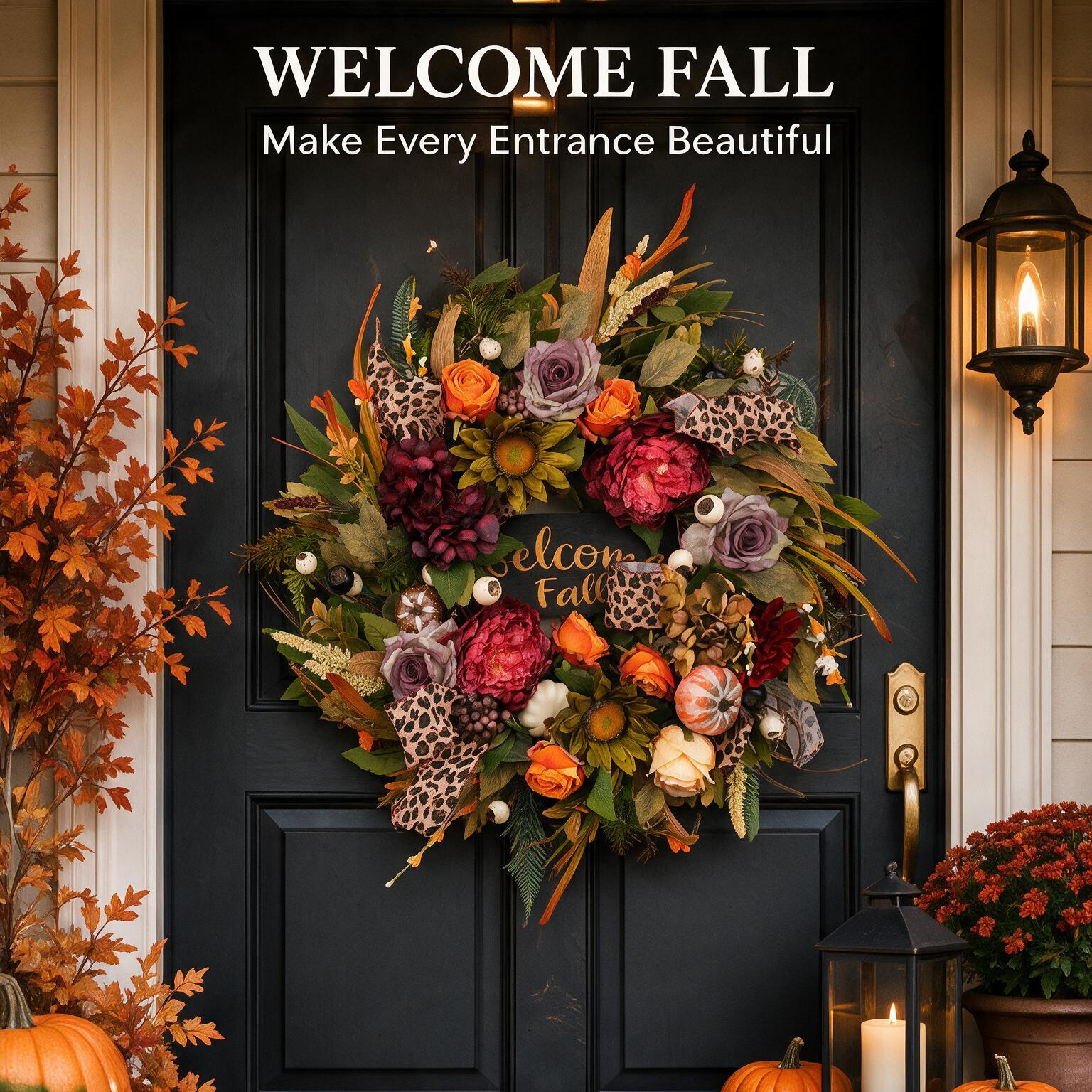 24 Inch Fall Wreath for Front Door - Welcome Fall Leopard Print Accent