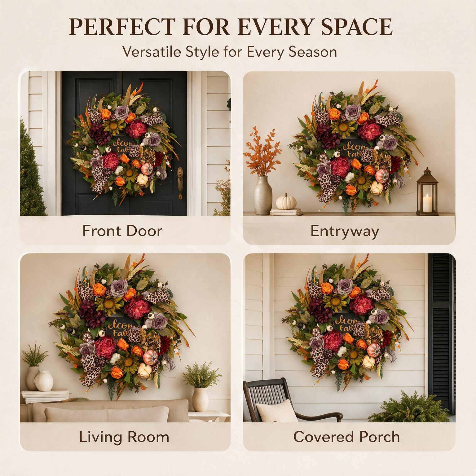 24 Inch Fall Wreath for Front Door - Welcome Fall Leopard Print Accent