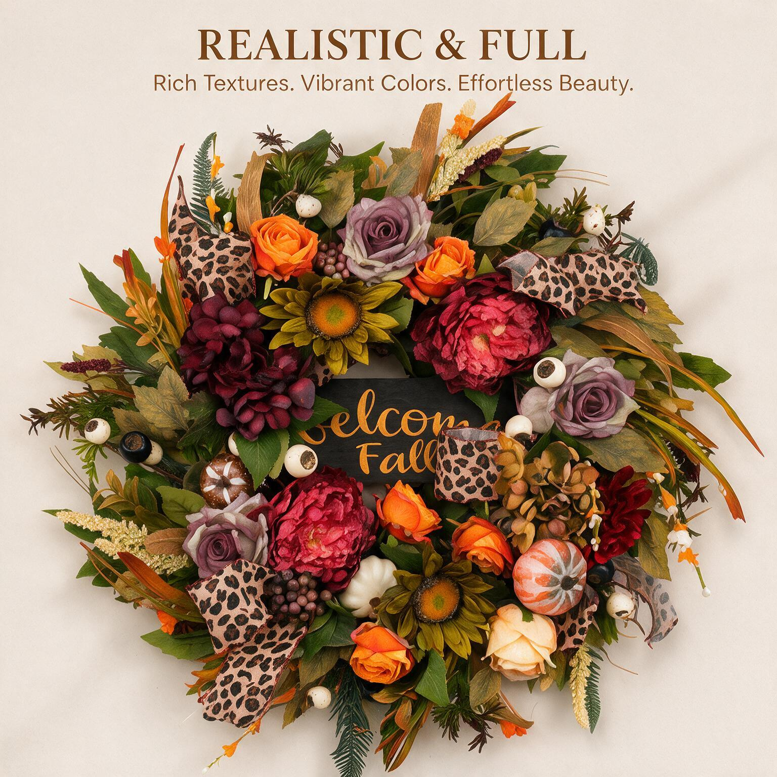 24 Inch Fall Wreath for Front Door - Welcome Fall Leopard Print Accent