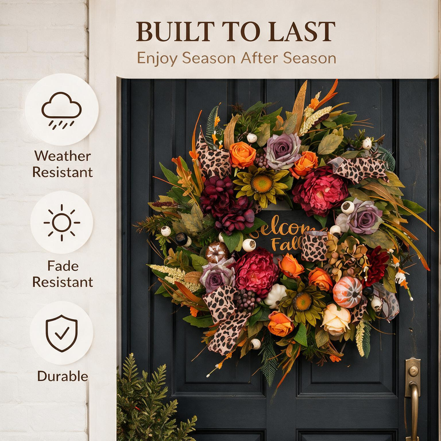 24 Inch Fall Wreath for Front Door - Welcome Fall Leopard Print Accent